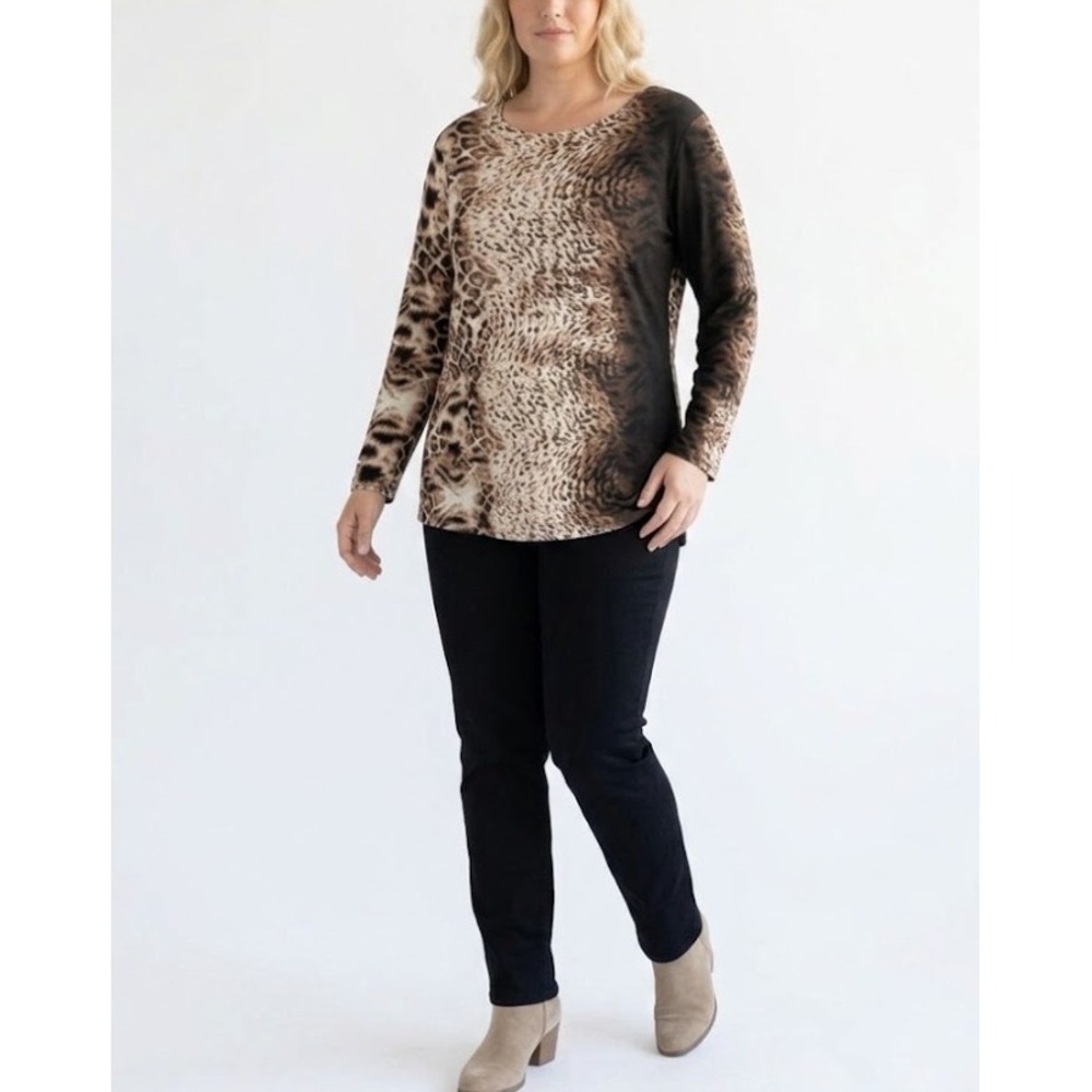 Clara Sun Woo Top size Large Brown Leopard Print Stretch Knit Criss Cross Back